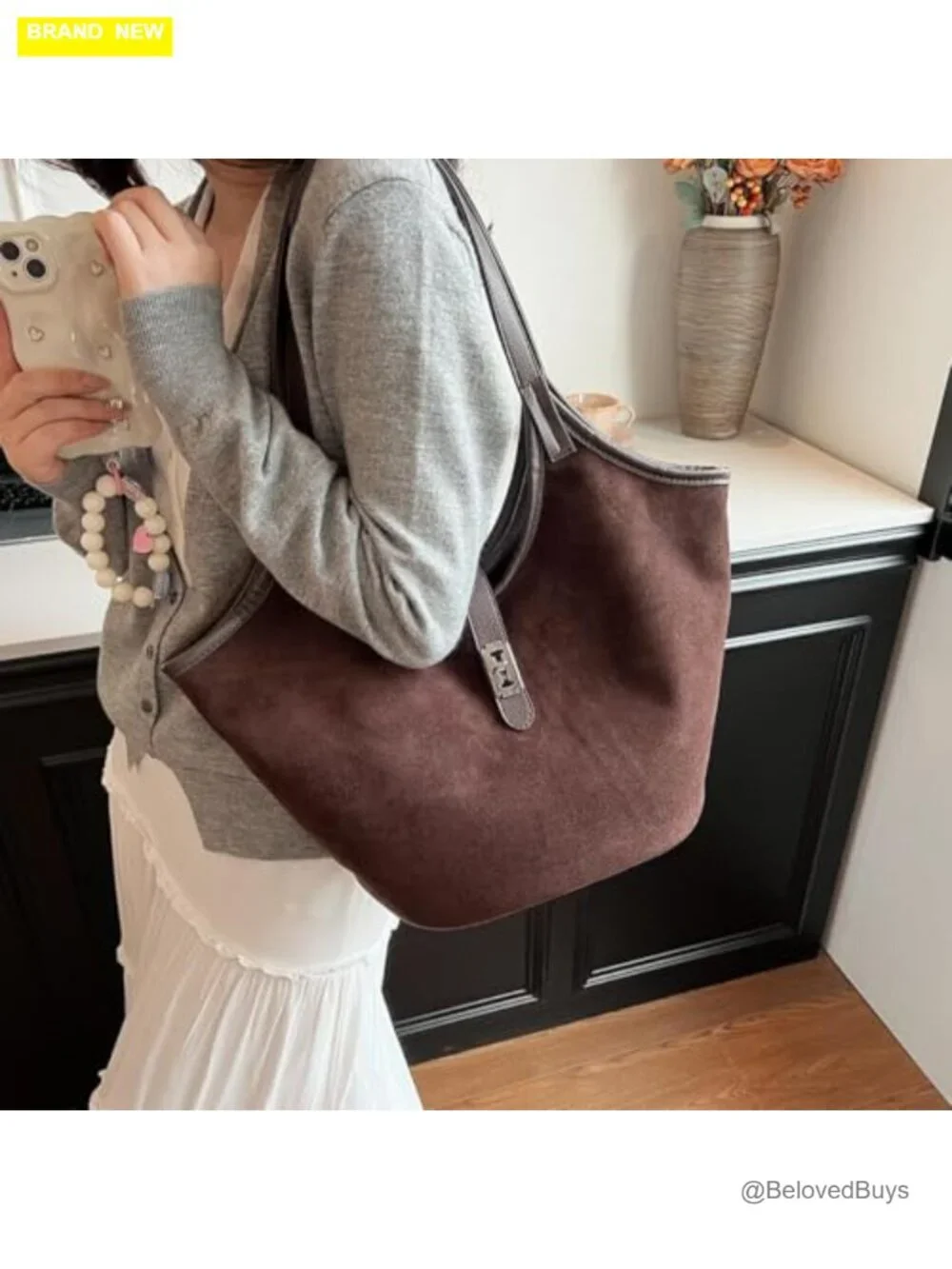 Faux Suede Hobo Tote Bag with Cross Lock, Zipper Closure